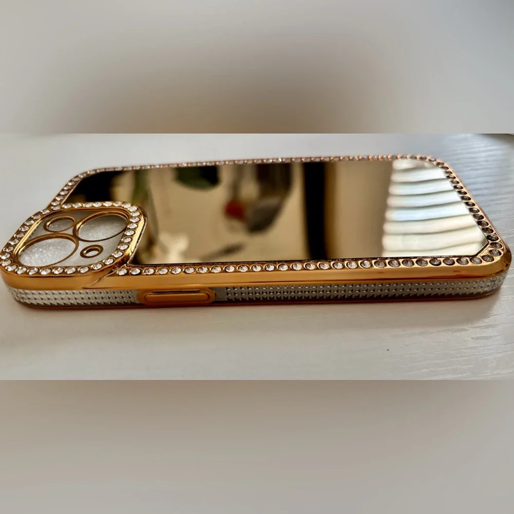 Gold Bling Crystal iPhone 15 Case - Mirror Protective Cover